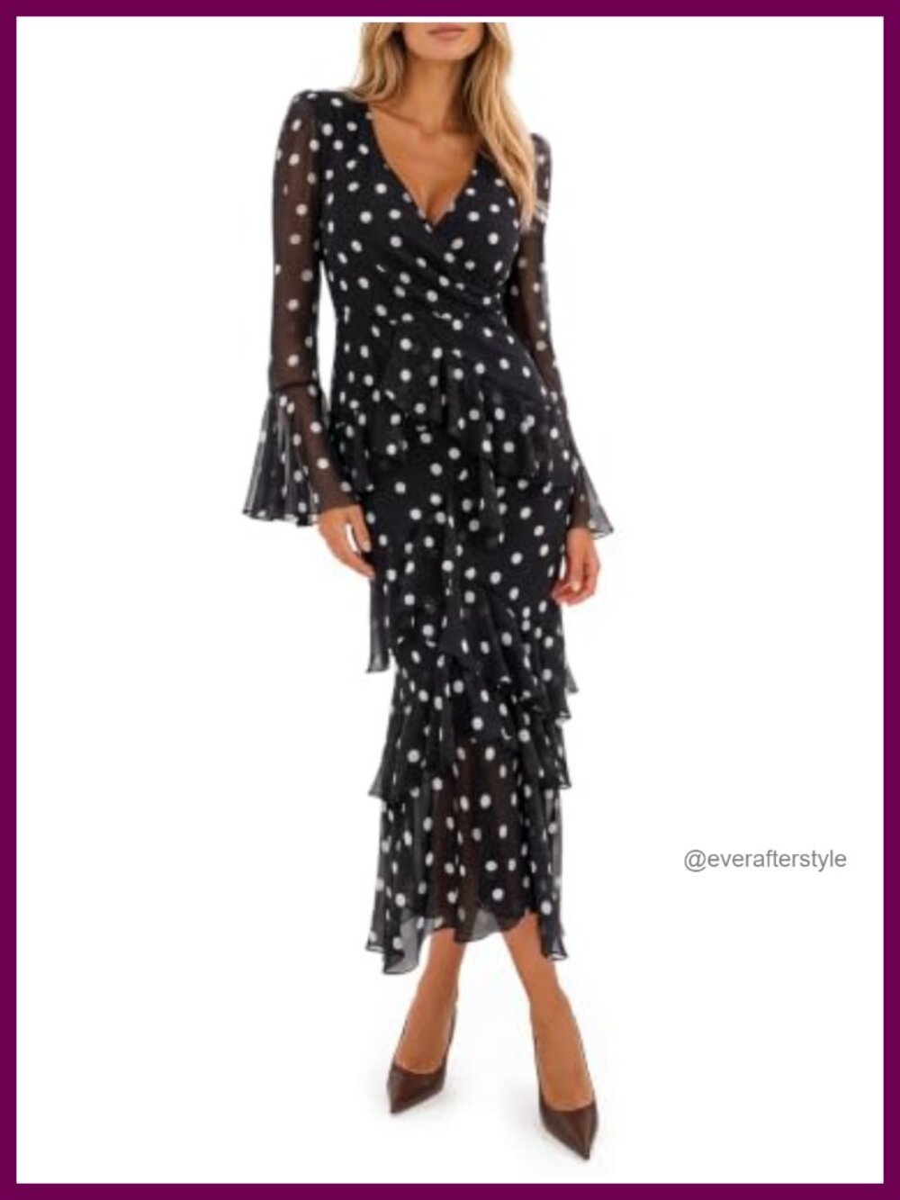 Womens Long Sleeve Maxi Dress Polka Dot Ruffle V Neck High Low Chiffon